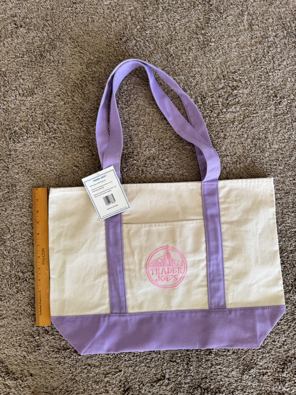 Trader Joe's Cream Canvas Tote with Lavender Straps